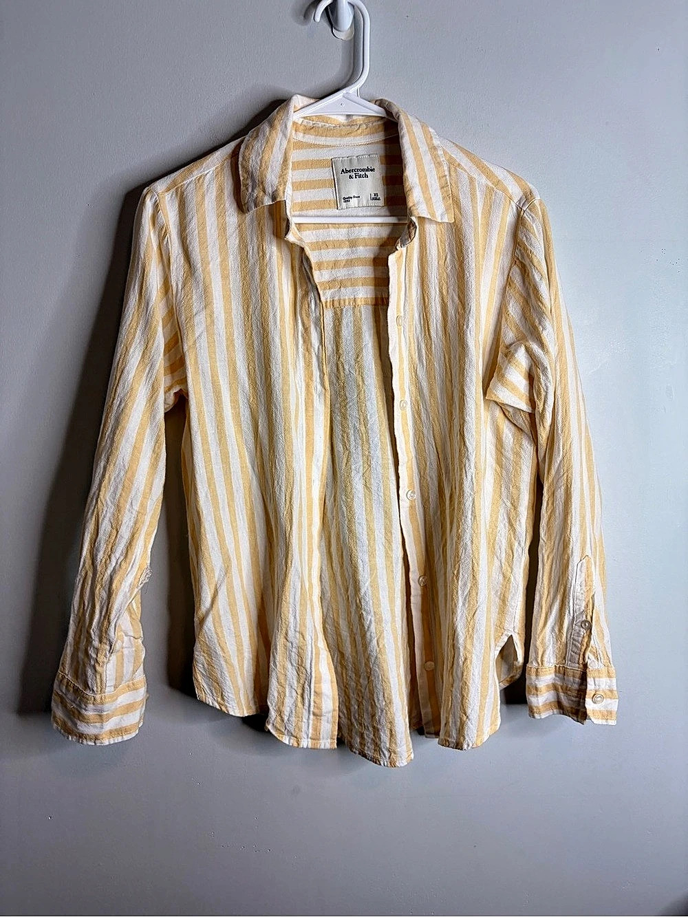 Abercrombie & Fitch Linen-Blend Button-Up Shirt Yellow & White XS
